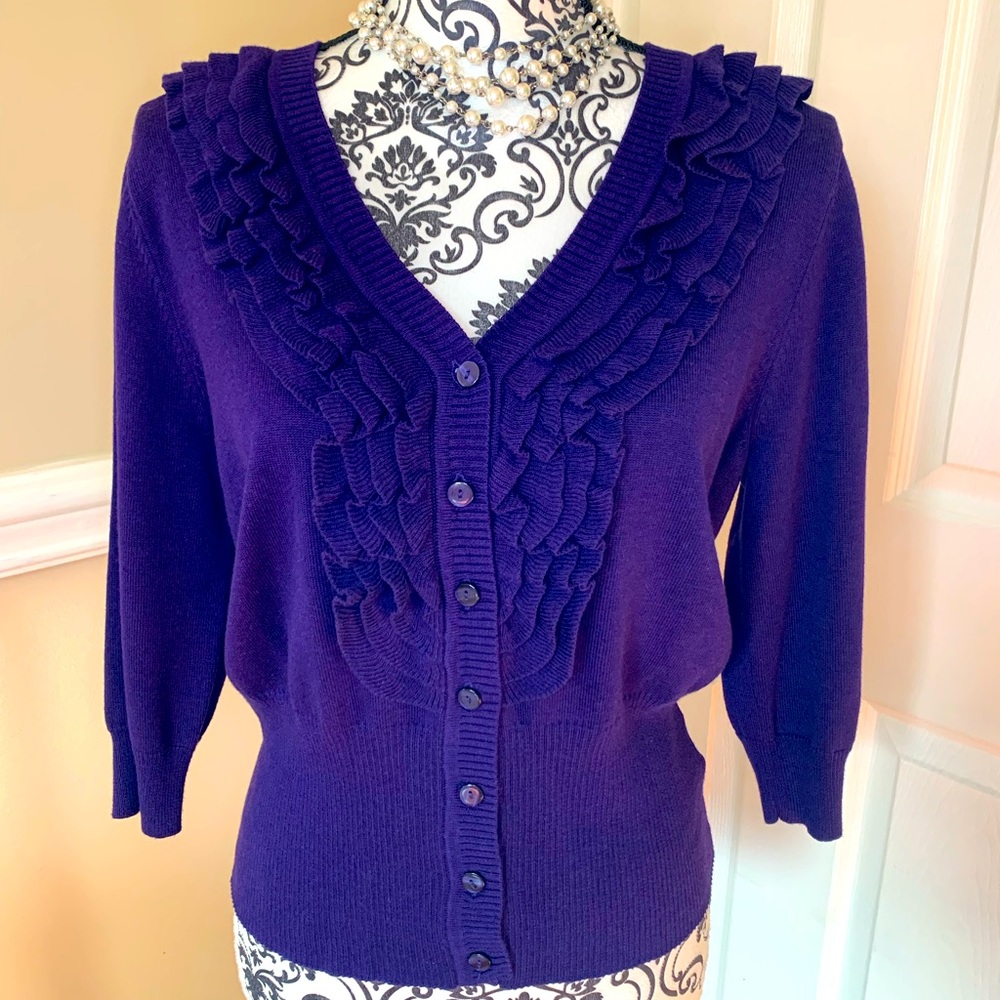 *NWT* worthington, purple button up cardigan w/ ruffles, size Lg